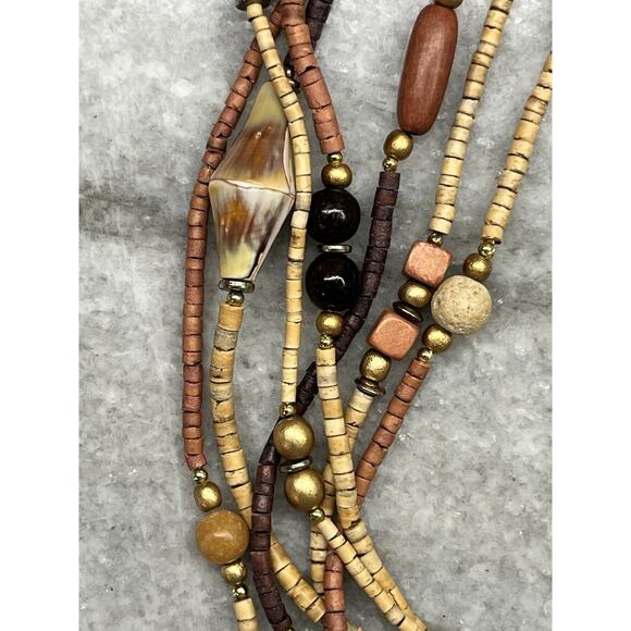 Multi Strand Wooden Beaded Necklace Brown Bohemian Natural Statement - Picture 3 of 5